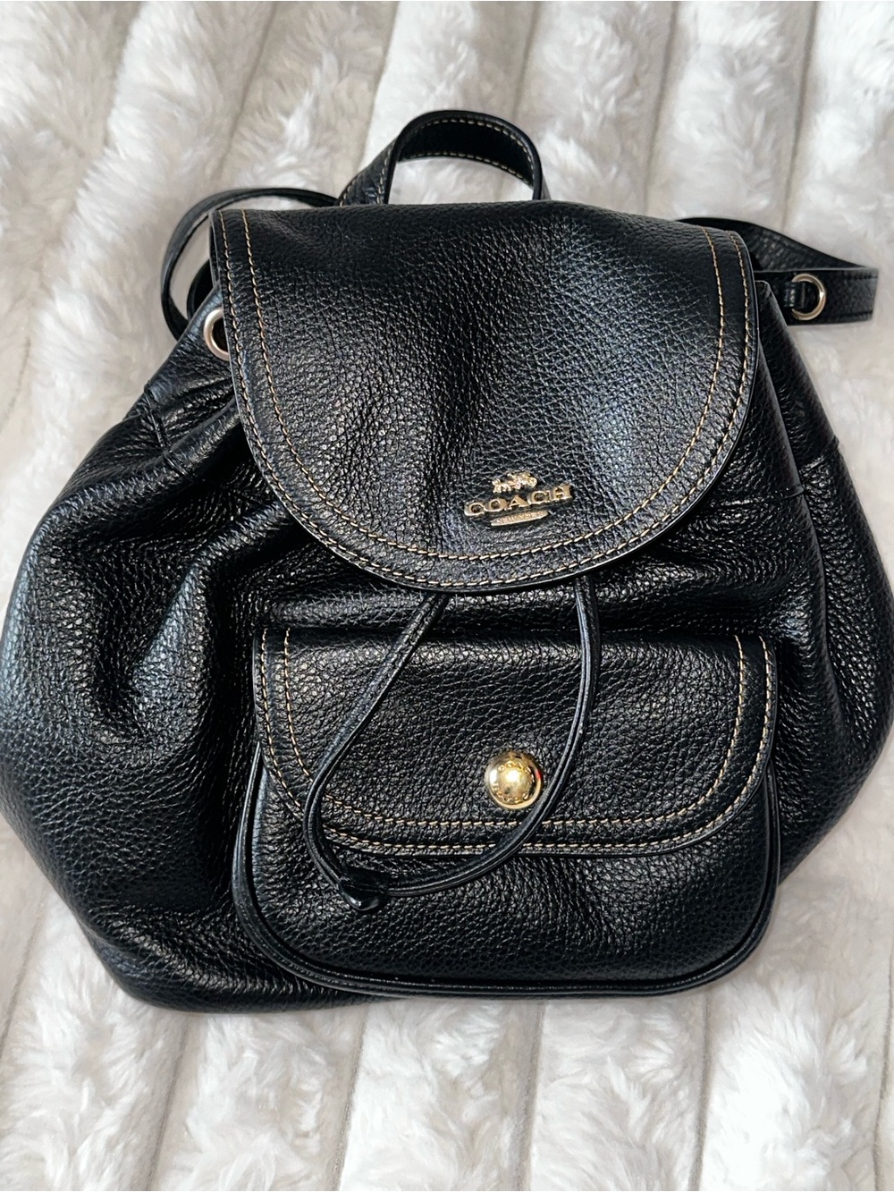 Coach Pennie Black Pebbled Leather Drawstring Backpack with Front Pocket